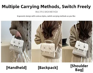 Three-way polka dot bag showing handheld, backpack, and shoulder strap styling options