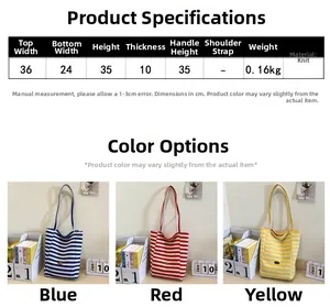 Detailed size chart and dimensions table for the striped knitted canvas tote bag