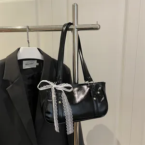 French Retro Women Glossy Faux Leather Shoulder Bag With White Lace Bow Rivet Detail Small Underarm Bag Fashion Handbag
