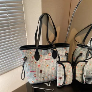 Damen Cartoon Bär Gingham Tote Bag und Kleiner Beutel Segeltuch Gesteppt Große Kapazität Schultertasche Lässige Mode Handtasche