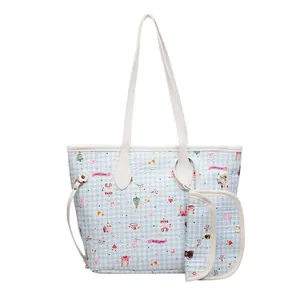Blaue Gingham-Einkaufstasche mit Bärenprint und passender kleiner Münzbörse im Set