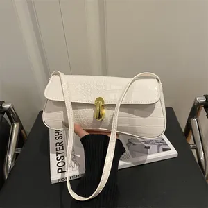 Elegant white crocodile pattern underarm bag with gold metal buckle for women