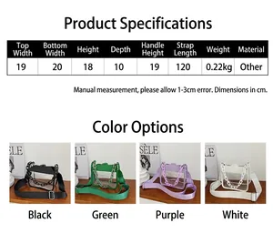 Detailed sizing chart and size parameters for this transparent crossbody bag with chain handle