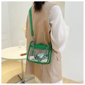 Detail view of a green transparent PVC crossbody bag with thick plastic chain and strap