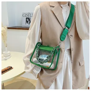 Detail of green transparent PVC crossbody jelly bag with chain handle and wide strap
