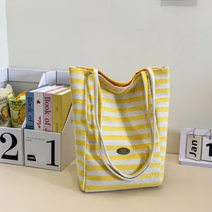 Women Stripe Canvas Tote Bag Large Capacity Casual Shoulder Bag With Metal Label Handbags For Daily Commuting Shopping