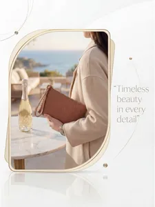 Detail of a brown woven leather clutch held by a model in a luxury coastal setting