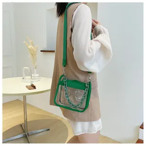 Detail of green transparent crossbody bag with thick acrylic chain and canvas strap