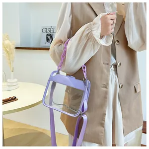 Detail of lilac transparent PVC crossbody bag with chic plastic chain and shoulder strap