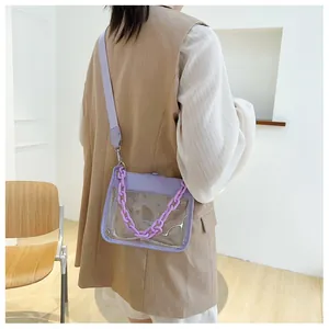 Detail of transparent PVC crossbody bag with purple leather trim and thick plastic chain