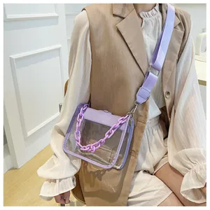 Detail of purple transparent PVC crossbody bag with matching matte plastic chain and strap