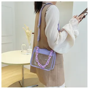 Detail view of purple transparent crossbody bag with thick chain strap and adjustable belt