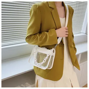 Close-up of clear PVC crossbody bag with white chain strap on mustard blazer