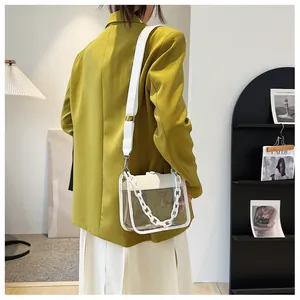 Detail of transparent PVC crossbody bag with white fabric strap and acrylic chain