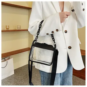Detail of transparent PVC crossbody bag featuring black chain and adjustable wide strap