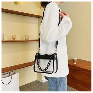 Detail of transparent square crossbody bag with black chunky chain and adjustable strap