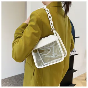 Detail of transparent PVC crossbody bag with bold white chain strap on shoulder