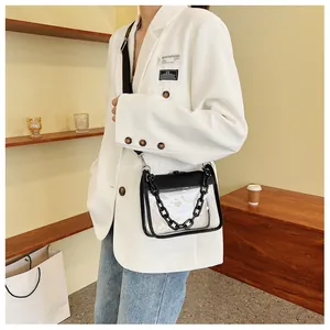 Detailed view of a transparent mini square crossbody bag with black chain and shoulder strap