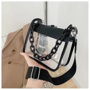Detail of transparent PVC crossbody bag with black leather trim and chunky chain strap