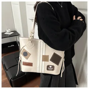 Chic cream white PU leather tote bag with vintage patches and striped details
