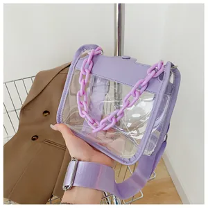 Detail of purple transparent PVC crossbody bag with thick chain handle and wide strap