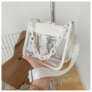 Detail of white transparent PVC crossbody bag with thick chain and wide fabric strap