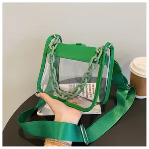 Close-up of transparent PVC crossbody bag with green leather trim and chunky chain strap