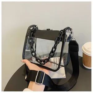 Detailed view of clear PVC crossbody bag with black PU trim and thick chain handle