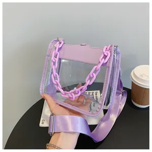 Detailed close-up of purple transparent PVC mini bag with acrylic chain and wide strap