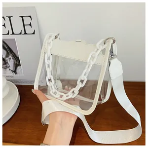 Detail of transparent PVC crossbody bag with white acrylic chain and wide canvas strap