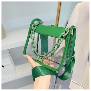 Detail of transparent PVC crossbody bag with green trim and chunky plastic chain