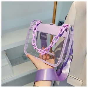 Detail of purple transparent square bag featuring thick chain handle and wide strap