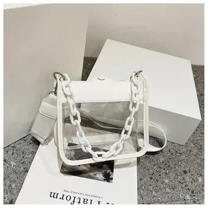 Detail of white transparent PVC bag with white leather flap and plastic chain strap