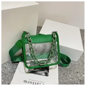 Detail of green transparent mini crossbody bag with thick chain handle and woven strap