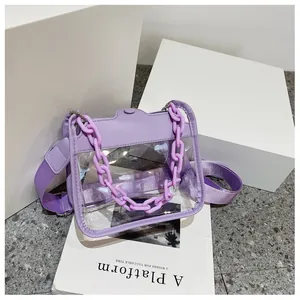 Detail of purple transparent square bag featuring a thick chain and wide fabric strap