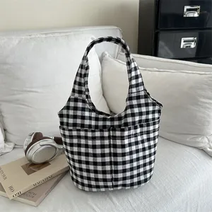 Women Gingham Canvas Tote Bag Large Capacity Grid Pattern Shopping Bag Korean Style Minimalist Versatile Handbag For Daily