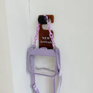 Transparent light purple jelly crossbody bag with thick chain handle and wide strap