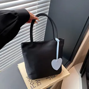 Simple Fashion Nylon Tote Handbag With Heart Pendant Lightweight Solid Color Hand Bag For Women Daily Work School Travel