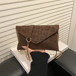 Women's Vintage Leopard Print Suede Envelope Crossbody Bag Elegant Fashion Chain Shoulder Bag Daily Casual Handbag