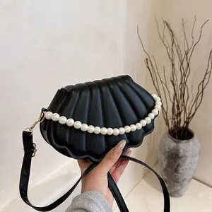 Fashion Women PU Leather Shell Shaped Shoulder Bag With Artificial Pearl Chain Crossbody Bag Quilted Solid Color Elegant Handbag