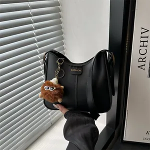 Women PU Leather Crossbody Bag Fashion Letter Print Shoulder Bag With Cute Plush Pendant Casual Daily Hobo Bag