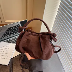 Vintage Suede Texture Pleated Small Square Bag For Women Casual Knot Handle Magnetic Closure Shoulder Crossbody Handbag