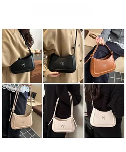 Collage of chic bow-detail shoulder bags in diverse colors shown on models