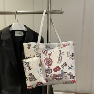 White cartoon graffiti bear tote bag with matching pouch set in stylish urban print