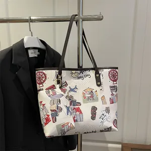Cartoon tote bag set with colorful Hong Kong city illustration and brown straps
