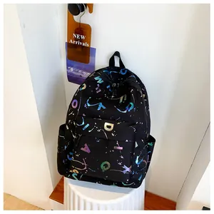 Detail of black backpack with holographic lettering and artistic splatter pattern print