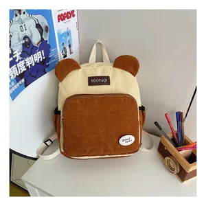 Detail of corduroy backpack featuring cute bear ears and stylish texture contrast