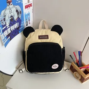 Cute Corduroy Animal Ear Backpack For Women Girls Color Block Small School Bag Contrast Color Travel Rucksack Casual Mini Daypack