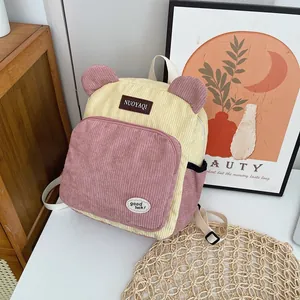 Corduroy bear-ear backpack in cream and pink with high-capacity design for women