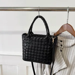 Women Fashion Woven PU Leather Crossbody Bag Simple Designer Handbag With Round Handle And Adjustable Shoulder Strap Casual Daily Tote